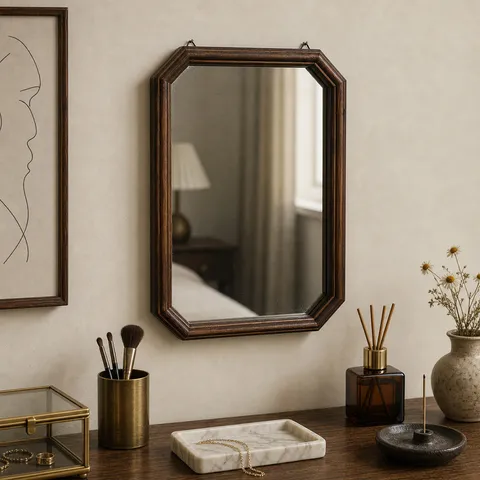 Specchio con Cornice in Legno Massiccio Retrò Metà Secolo Forma Ottagonale Ondulata Specchio da Parete in Vetro ad Alta Definizione per Decorazioni Casa Camera da Letto