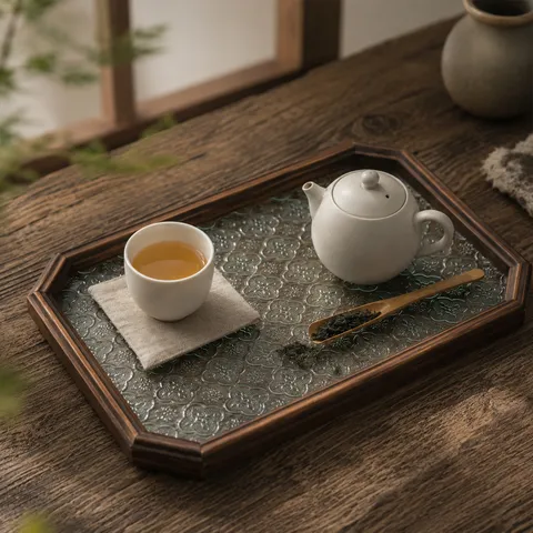 Vintage Wood Pressed Glass Decorative Tray Octagonal Begonia Flower Pattern Retro Serving Tray For Coffee Tea Jewelry Storage Home Decor