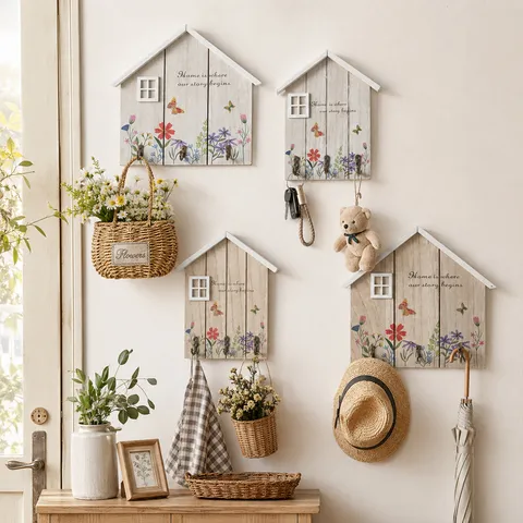 Pastoral Wooden Key Holder For Wall Entryway Creative House Shaped Key Box Decorative Hanging Organizer With Metal Hooks