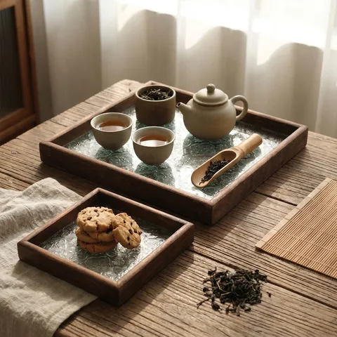 Bandeja Decorativa de Vidrio y Madera de Lujo Nórdico Patrón de Begonia Vintage Vidrio en Relieve Plato Organizador de Joyas Bandeja de Servicio para Mesa de Café