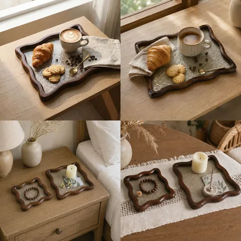 Bandeja de Vidrio Relieve Begonia Marco de Madera Ondulado Plato de Té Vintage Organizador de Joyas Decoración del Hogar