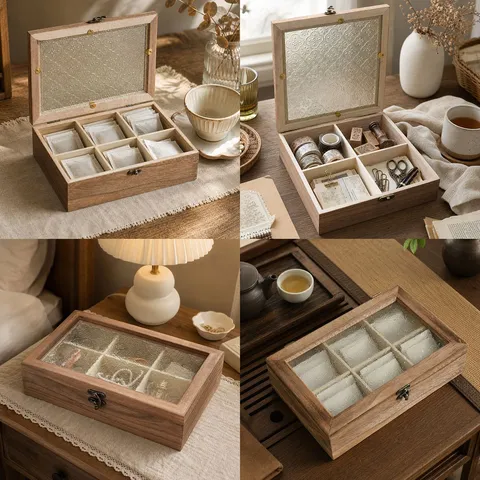 Vintage Solid Wood Storage Box With Embossed Begonia Glass Lid Multi Compartment Desktop Organizer For Jewelry Tea Bag Stationery
