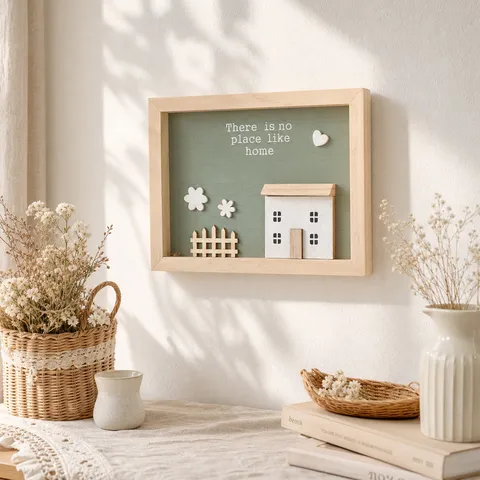 3D Wooden Wall Art Decorative Frame Miniature House Pastoral Style Home Sign Porch Hanging Ornament Wood Craft Wall Decor