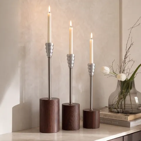 Nordic Minimalist Aluminum Candle Holder Collection Wood Grain Base Silver Metal Candlestick Dining Table Decor Luxury Taper Stand