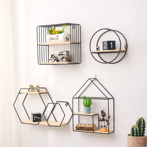 Nordic Iron Wall Mounted Shelf Geometric Gold Black Metal Storage Rack For Living Room Bedroom Floating Shelf Home Decor