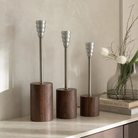 Nordic Minimalist Aluminum Candle Holder Collection Wood Grain Base Silver Metal Candlestick Dining Table Decor Luxury Taper Stand