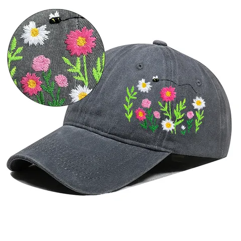 Gewaschene Baumwolle Blumen Biene Bestickt Baseballkappe Retro Distressed Gartenhut Verstellbare Sportliche Golfkappe