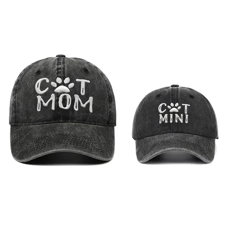 Gorra de Béisbol de Algodón Lavado para Padres e Hijos Cat Mom Mini Dad Bordado Vintage Envejecido Sombrero de Sol para Mujeres Niños