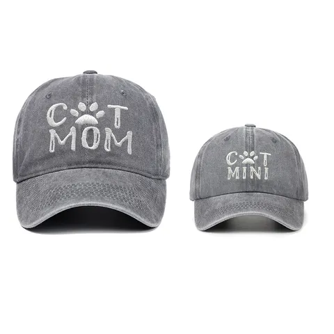 Gorra de Béisbol de Algodón Lavado para Padres e Hijos Cat Mom Mini Dad Bordado Vintage Envejecido Sombrero de Sol para Mujeres Niños