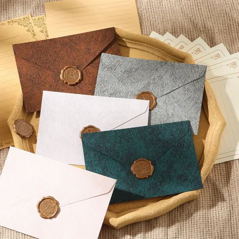 Vintage Papeterie Enveloppe et Papier à Lettres Ensemble Cachet de Cire Grain de Bois Papier à Écrire Rétro Cadeau Kit
