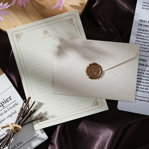 Rétro Vintage Enveloppe Texture Lin Set de Papier à Lettres Avec Tampon Sceau de Cire Pour Fête Mariage Écriture de Lettres
