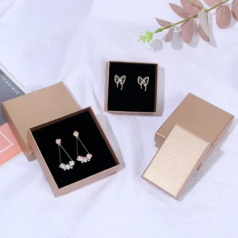 Champagne Gold Jewelry Gift Box With Sponge Insert For Rings Necklaces Exquisite Cross Grain Cardboard Packaging Box