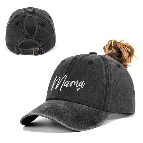 Women Ponytail Baseball Cap Mama Heart Embroidered Washed Cotton Distressed Soft Top High Bun Adjustable Vintage Sport Hat