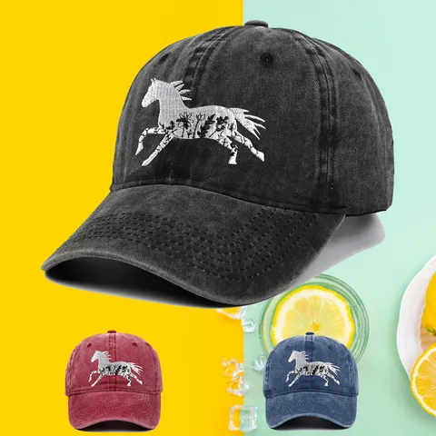 Vintage Washed Cotton Baseball Cap Floral Horse Embroidered Sun Protection Hat Adjustable Casual Outdoor Trucker Sports Hat for Men Women