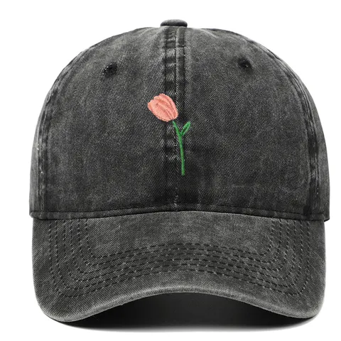Casquette de Baseball en Coton Lavé avec Broderie Tulipe Vintage Rétro Réglable Chapeau de Soleil Femme Décontracté Sport