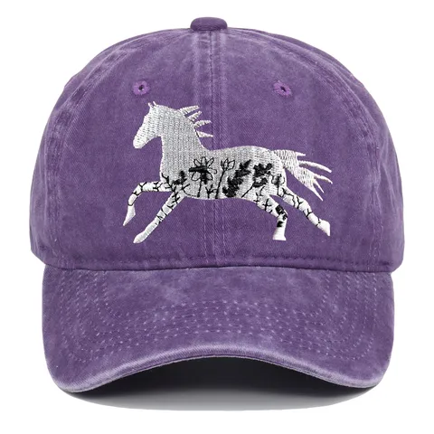 Vintage Washed Cotton Baseball Cap Floral Horse Embroidered Sun Protection Hat Adjustable Casual Outdoor Trucker Sports Hat for Men Women