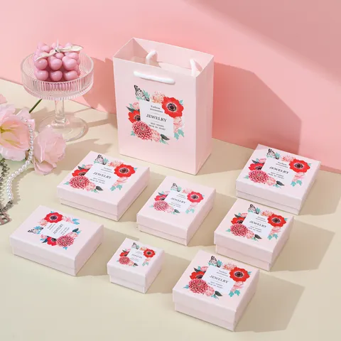 Pastoral Floral Jewelry Gift Boxes Pink Blue Marble Pattern Jewelry Box With Sponge Lining For Ring Necklace Earrings Packaging Gift Bags