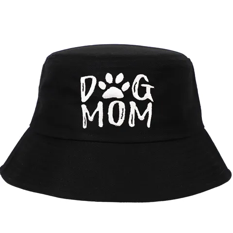 DOG MOM Embroidered Cotton Bucket Hat For Women Casual Sun Protection Fisherman Cap With Paw Print Outdoor Summer Sun Hat
