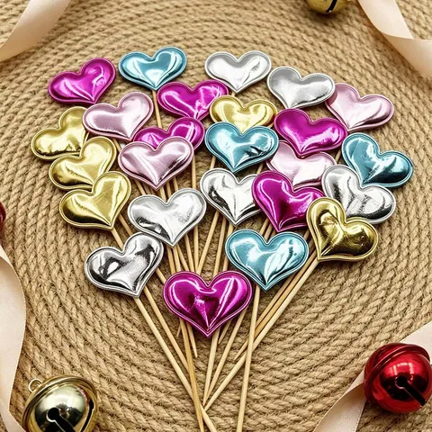 Glossy PU Heart Dessert Table Insert Cards Valentine Day Wedding Party Decorative Ornaments With Wood Stick