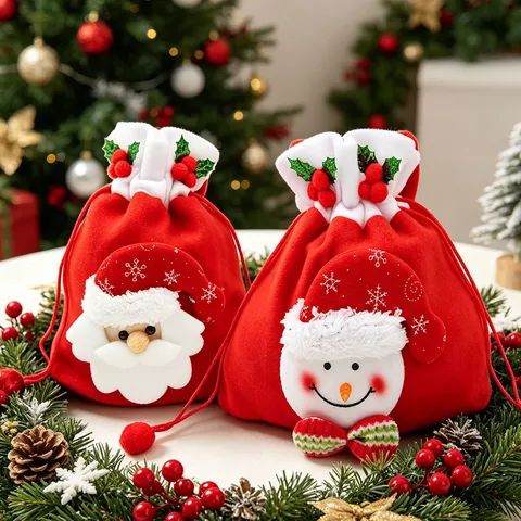 Christmas Drawstring Gift Bag Santa Claus Snowman Pom Pom Apple Candy Pouch Holiday Party Decoration Supplies
