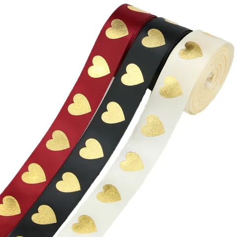 Goud Hart Bedrukt Polyester Lint Voor Geschenkverpakking Huwelijk Feest Decoratie Ambacht Naaien Decoratief Lint