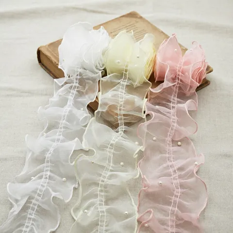 Cinta de Ribete de Encaje de Organza Plisada con Perlas para Costura DIY Accesorios de Prendas y Decoración