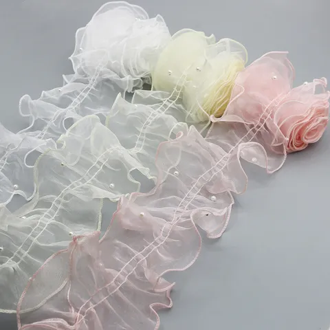 Cinta de Ribete de Encaje de Organza Plisada con Perlas para Costura DIY Accesorios de Prendas y Decoración