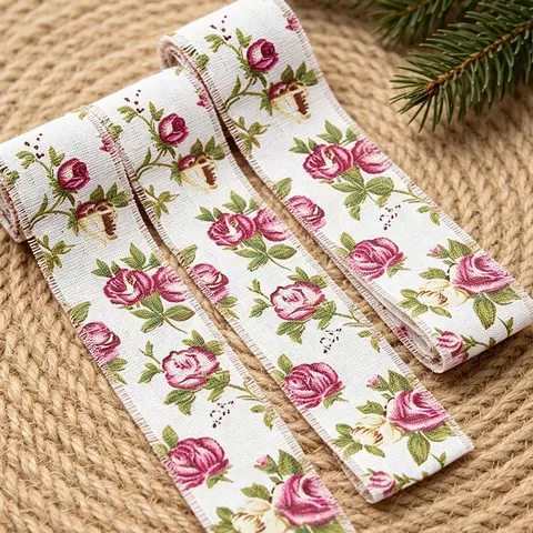 Cinta de Algodón Lino Estampado de Rosas 5cm de Ancho Rollo de Tela para Costura Prenda DIY Decoración del Hogar