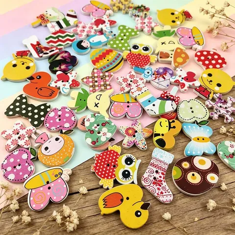 Mixed Wooden Cartoon Animal Print Buttons Two-Hole Craft Buttons For Clothing Sewing DIY Handcraft Decor