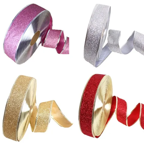 Shiny Glitter Christmas Ribbon Gold Silver Red Pink Foldable DIY Craft Ribbon For Gift Wrapping Tree Decor