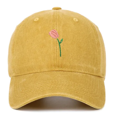 Casquette de Baseball en Coton Lavé avec Broderie Tulipe Vintage Rétro Réglable Chapeau de Soleil Femme Décontracté Sport