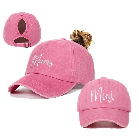 Women Ponytail Baseball Cap Mama Heart Embroidered Washed Cotton Distressed Soft Top High Bun Adjustable Vintage Sport Hat