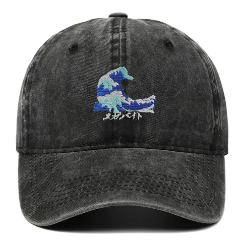 Cappellino da Baseball in Cotone Lavato Effetto Invecchiato Ricamo Onda del Mare Vintage Regolabile Dad Hat Protezione Solare Sport