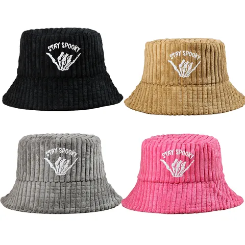 Stay Spooky Embroidered Corduroy Bucket Hat For Halloween Autumn Winter Warm Thick Striped Fisherman Hat For Women Men