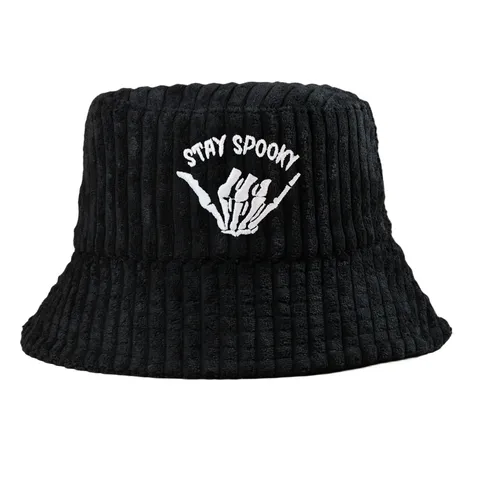 Stay Spooky Embroidered Corduroy Bucket Hat For Halloween Autumn Winter Warm Thick Striped Fisherman Hat For Women Men