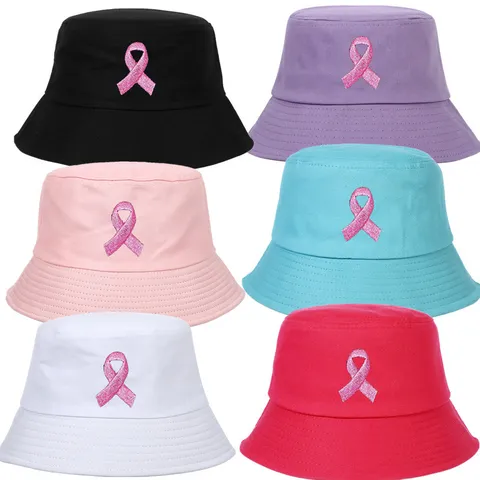 Women's Pink Ribbon Embroidered Cotton Bucket Hat Breast Cancer Awareness Sun Protection Basin Hat Outdoor Fisherman Hat