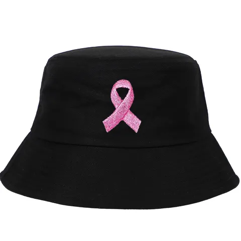 Women's Pink Ribbon Embroidered Cotton Bucket Hat Breast Cancer Awareness Sun Protection Basin Hat Outdoor Fisherman Hat