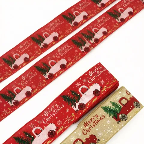 Christmas Burlap Ribbon With Red Car And Snowflake Pattern Holiday Gift Wrapping Ribbon For Craft Decoration