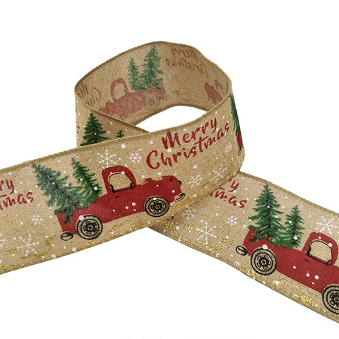 Christmas Burlap Ribbon With Red Car And Snowflake Pattern Holiday Gift Wrapping Ribbon For Craft Decoration