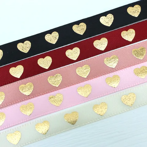 Gold Love Heart Printed Satin Ribbon Polyester Fabric Ribbon For Gift Wrapping Party Wedding Decoration