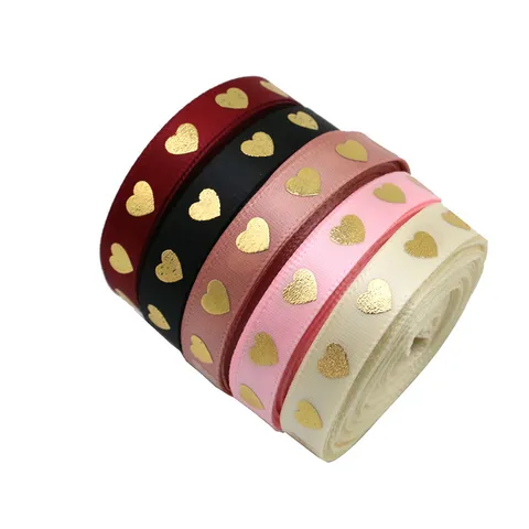 Gold Love Heart Printed Satin Ribbon Polyester Fabric Ribbon For Gift Wrapping Party Wedding Decoration