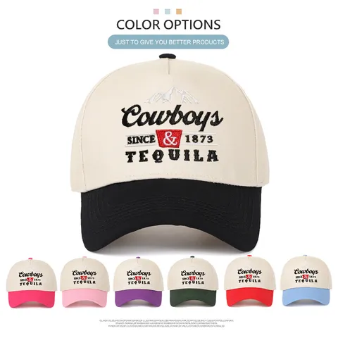 Casquette de Baseball Brodée Rétro Cowboys Tequila Coton Five Panel Trucker Hat Blocs de Couleur Bord Incurvé Réglable Chapeau de Soleil
