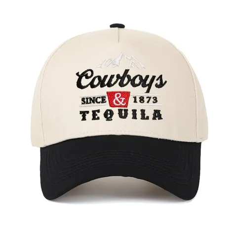 Casquette de Baseball Brodée Rétro Cowboys Tequila Coton Five Panel Trucker Hat Blocs de Couleur Bord Incurvé Réglable Chapeau de Soleil
