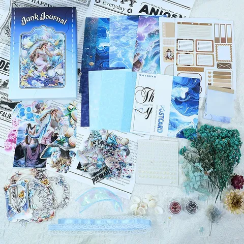 Vintage Junk Journal Scrapbooking Material Kit Retro Style Background Paper Decorative Stickers Dried Flower Gift Box Set
