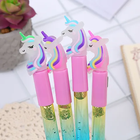 Cute Cartoon Unicorn LED Light Up Gel Pen Dreamy Quicksand Glitter Liquid Pen Creative Stationery For Kids School Students Gift