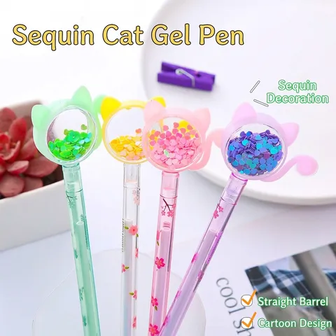 Bolígrafo de Gel con Purpurina y Cabeza de Gato Lindo Patrón de Flor de Cerezo Lentejuelas Flotantes Bolígrafo para Estudiantes