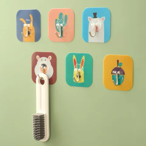 Cartoon Adhesive Hooks Nail Free Wall Mounted Clothes Hanger Acrylic Metal Waterproof Cute Patterns For Kitchen Bathroom Home