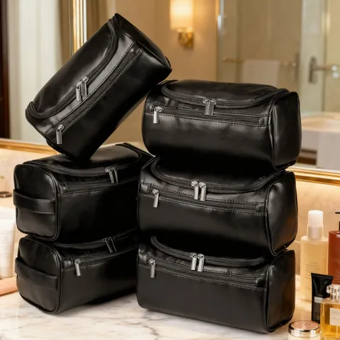 Herren Wasserdichte PU Leder Kulturtasche Retro Doppel-Reißverschluss Reise Make-up Organizer Tasche Mit Seitlichem Griff