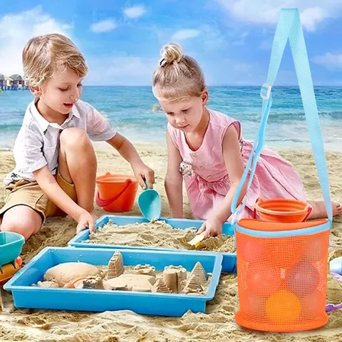 Kids Mesh Beach Bag Toy Storage Net Pouch Shell Collecting Bucket Shoulder Tote Crossbody Bag For Sand Water Play Summer Outdoors
