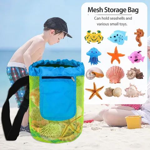 Kids Beach Shell Storage Bag Mesh Outdoor Toy Organizer Portable Drawstring Shell Collecting Bag Children Tote Bag